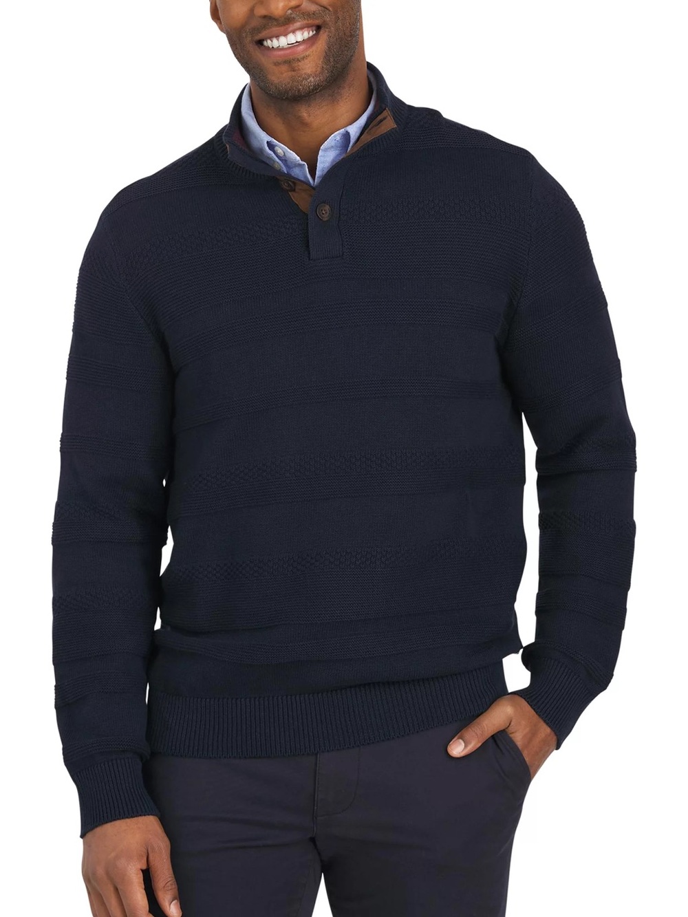 Chaps Men's Button Mock Neck Pullover Sweater in a dark navy blue color
